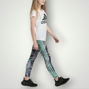 Adidas Girls 14 L Grey Green Abstract‎ Print Performance Leggings Activewear New